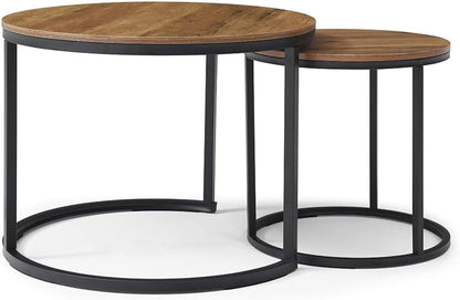 Nesting Coffee Table Set of 2, Steel Frame Circular Round Table Set, Modern Round Side Table with Non-Slip feet, Faux Marble End Tables for Living Room, Bedroom, Balcony (Walnut)