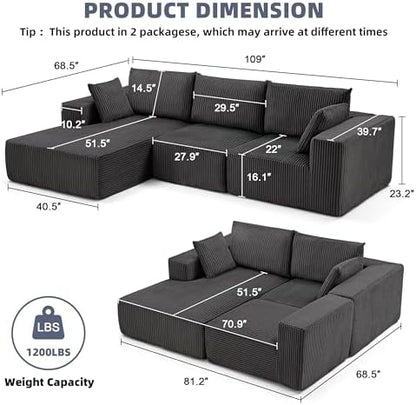 108" Couch with Chaise, Cloud Sectional Modular Sofa, Darkgrey | Deep Seat Modular Sectional Sofa for Living Room, Upholstered Corduroy Couch for Apartment, Convertible No Assembly Sofa