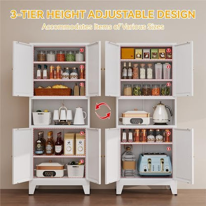 YAUWOH 69" Tall Metal Kitchen Pantry Cabinet with Microwave Shelf, 4 Doors & 3 Adjustable Shelves, Heavy Duty Food Storage Cabinet with Anti-Tip Design for Kitchen,Dining Room (1PC,White)