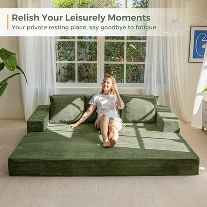 MAXYOYO Convertible Sofa Bed, 80" Oversized Loveseat Couch 4 in 1 Foldable Floor Sofa Couch in A Box with 2 Cup Holders, Folding Chair for Living Room, No Assembly Required, Green | Corded Green 4-in-1 Couch Converts Into a Floor Sofa
