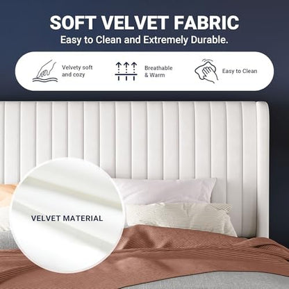Allewie Full Size Velvet Bed Frame/Vertical Channel Tufted Wingback Headboard/Upholstered Platform Bed/Strong Wooden Slats/No Box Spring Needed/Easy Assembly/White