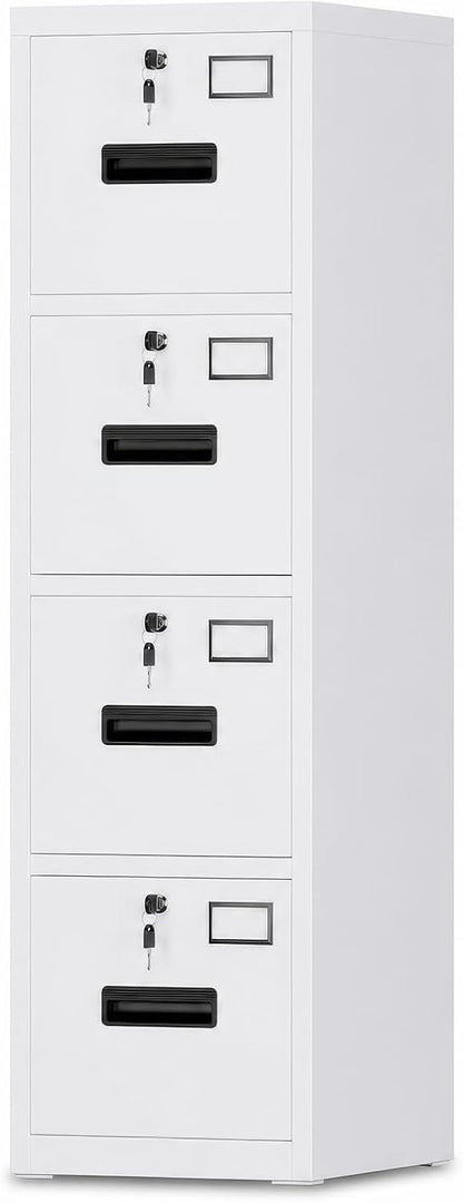 Garvee 4-Drawer White Metal File Cabinet with Individual Locks, Heavy-Duty Steel Vertical Filing Cabinet for A4, Letter & Legal Size Documents, Locking Storage Cabinet for Home Office & School