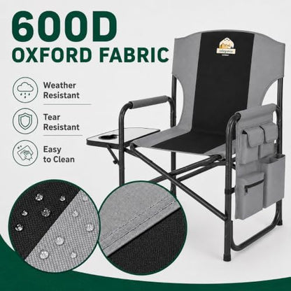Colegence Oversized Directors Camping Chairs, 2 Pack, 600 lb, Black | Heavy duty outdoor chairs for adults, 28" wide seat, supportive back, side table, cup holder, detachable storage pocket