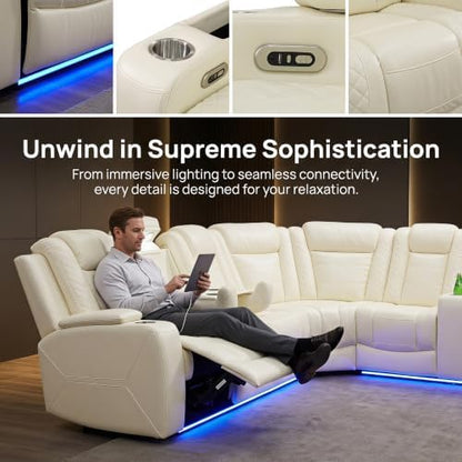 A Ainehome Leather Power Furniture Reclining Sectional Couch, Living Room Power Recliner Adjustable Sofa, Loveseat and Chair with Storage Console for Living Room/Office(Off-White)