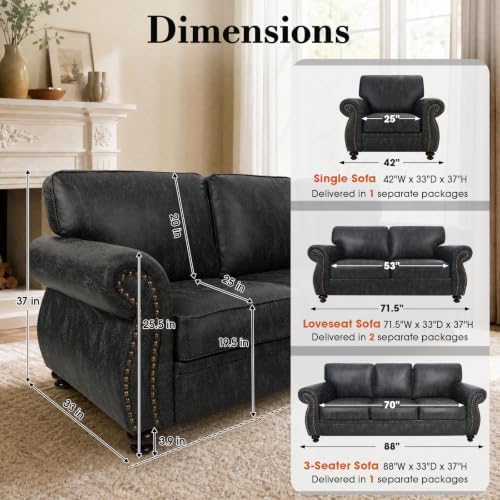 Couchus 88"W Living Room Furniture Sets, 3-Seater&Loveseat, Grey | Faux Leather Fabric Sofa and Couch Sets, Mid-Century Sofa Set with Nailhead Trim