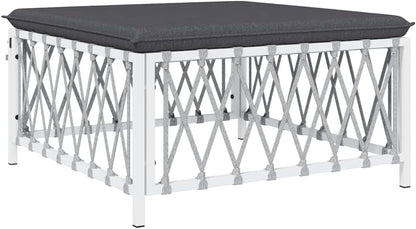 Patio Footstool with Cushion, White Woven Fabric Ottoman, Powder-Coated Steel Frame, Thickly Padded Seat for Garden Relaxation