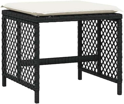 4-Piece Garden Stool Set in Black with Poly Rattan and Powder-Coated Steel, Square Outdoor Seats with Removable Washable Cushion Covers, 14.2-Inch Height for Patio Balcony