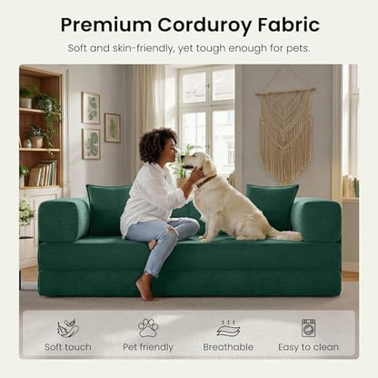 78.8" Convertible Futon Sofa Bed, Couch for Living Room | Corduroy Loveseat Sleeper Sofa, Modular Futon Couch with Storage Pocket, Pull Out Couch No Assembly | Forest Green