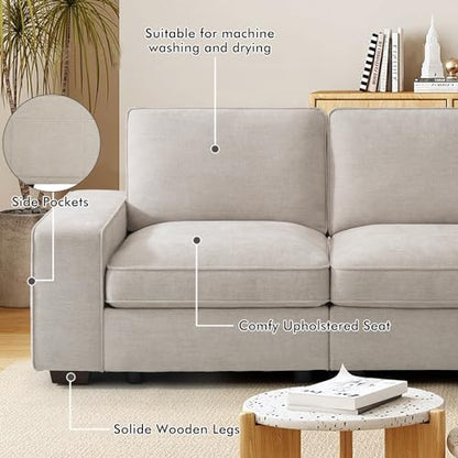 TEKAMON 73" Loveseat Sofa with Seat Storage, 2-Seater Modular Sofa Couch for Living Room, Chenille Fabric, Solid Wood Frame, Spring Cushions, USB Charging, Removable Covers, Side Pockets, Beige