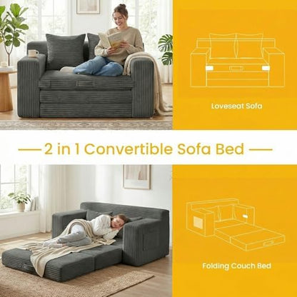 Couch, Loveseat Sleeper Sofa Bed – 3-in-1 Convertible Couch Bed with Side Pockets & Handle,Pull Out Corduroy Futon for Small Space,Living Room & Bedroom,2 Pillows Included,No Assembly