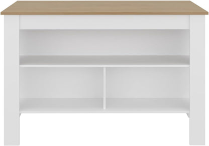 Kitchen Island with Open Storage Shelves for Home Organization | White and natural oak finish with open shelving for access
