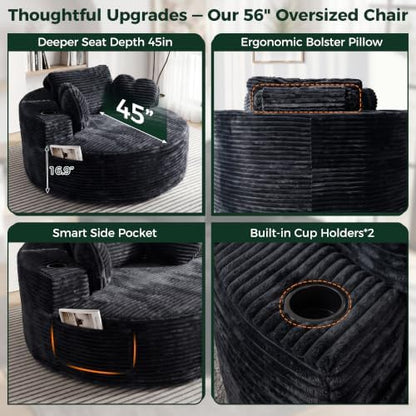 56''Oversized Round Chair Lounge Chaise Indoor with Cup Holders & Side Pocket, Corduroy Cloud Circle Single Deep Seat Chair, Modern Comfy Floor Sofa with Heart Pillows for Living Room,Bedroom