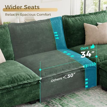 KKL Large V-Shaped Modular Sectional Sofa, 7 Seater Cloud Couch with Ottoman, Chenille Sectional Couches for Living Room, Apartment, Green | Chenille Oversized Sectional Couches for Living Room, Apartment, Green