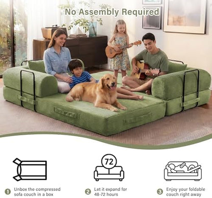79" Convertible Sofa Bed, Sleeper Futon Couch for Living Room | 5-in-1 Sleeper Sofa, Pull Out Couches with Soft Corduroy, No Assembly Required, Apartment Friendly, Light Green