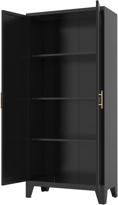 61" Tall Kitchen Pantry Cabinet, Black Metal Garage Storage Cabinet with Doors and Adjustable Shelves, Kitchen Cupboard, Pantry Cabinets for Kitchen, Dining Room, Office, Easy Assembly