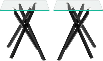 Modern Square End Table with Glass Top, Glass End Side Table for Living Room Office, 17.72 x 17.72 x 20.87 inches, Black Metal X-Base, Adjustable Feet (2, Black)