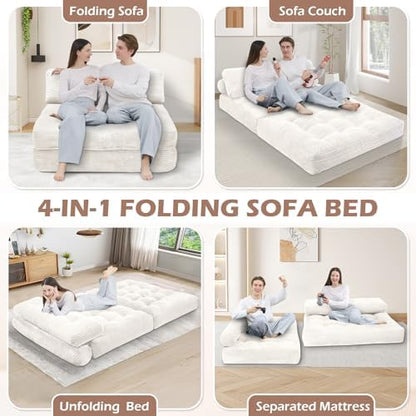 Folding Sofa Bed, Convertible Sleeper Chair with Pillow & Handle, Foldable Mattress Futon Chair Bed Lounge with Back Support, Comfy Floor Sofa for Living Room Bedroom, Beige, Full