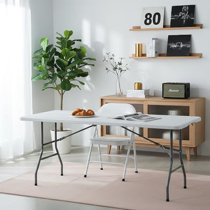6FT White Plastic Folding Table Heavy Duty Tables Set of 5 | HDPE Tabletop Fold-in-Half Portable Utility Foldable Carrying Handle for Party Picnic Dining Office Event Indoor & Outdoor