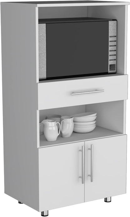 Kitchen Pantry 48" H, Two Open Storage Shelves, One for Microwave, Two Doors, Four Legs, White