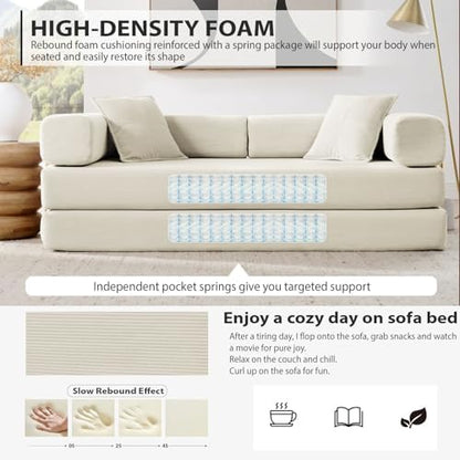 4-in-1 Folding Convertible Sofa Bed, 78 Inch Couch with Fixed-Shape Frame, Corduroy Loveseat Sleeper with Pull Out Bed, Floor Sofa Modular Futon Couch for Living Room Bedroom Lounge (Beige)
