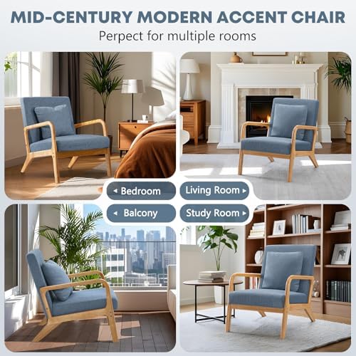 ELUCHANG Mid-Century Modern Accent Chair with Lumbar Pillow,Upholstered Armchair,Linen Fabric Comfy Reading Lounge Side Chair for Living Room Bedroom Apartment,Easy Assembly