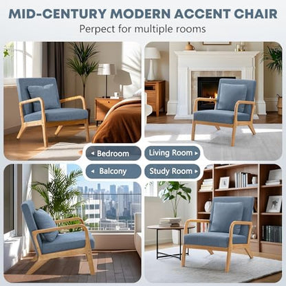 ELUCHANG Mid-Century Modern Accent Chair with Lumbar Pillow,Upholstered Armchair,Linen Fabric Comfy Reading Lounge Side Chair for Living Room Bedroom Apartment,Easy Assembly