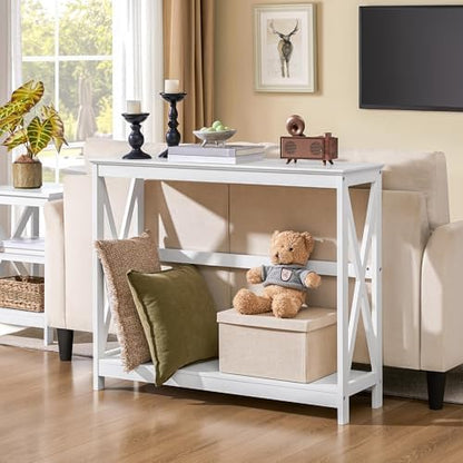 Yaheetech Narrow White Entryway Console Table, 2-Tier X-Frame Storage Shelf | Slim Depth Fits Small Entry Ways, Hallways and Living Rooms, Lower Tier for Storage and Decor, Rubber Wood and Particleboard
