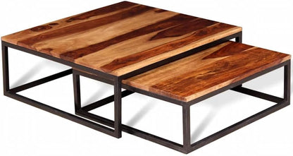 2 Piece Nesting Coffee Table Set Solid Acacia Wood | Retro Industrial Style, Metal Frame, Space Saving, for Living Room Bedroom