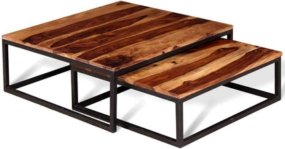 2 Piece Nesting Coffee Table Set Solid Acacia Wood | Retro Industrial Style, Metal Frame, Space Saving, for Living Room Bedroom