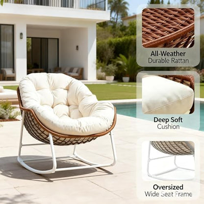 YDcosyfy Oversized Outdoor Papasan Rocking Chair with Soft Cushion, Comfy Patio Egg Chair, Wicker Lounge Rocker for Balcony/Porch/Garden, Reinforced All Weather Rattan Frame, 330 lbs Support, Cream