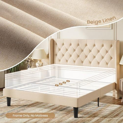 SHA CERLIN Queen Upholstered Bed Frame, Button Tufted Design, Beige