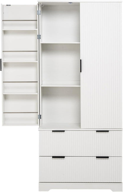 Hassyee 72" Modern Fluted Kitchen Pantry Cabinet with 2 Large Drawers & 8-Door Spice Rack, Freestanding Storage Organizer for Bathroom, Dining Room, Office, Entryway, White