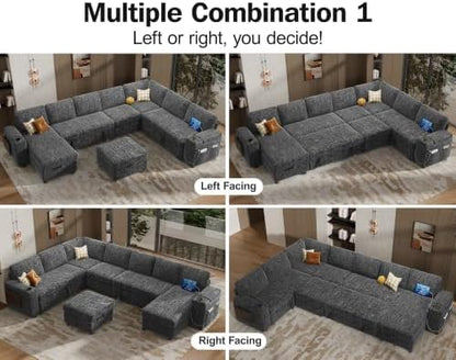 Vipbear 130" Modular Sectional Sleeper Sofa with Pull Out Bed, 9 Seat Chenille U Shaped Couch with Ottoman and Chaise|USB Ports|Cup Holders|Side Table, Tool Free Assembly, Grey