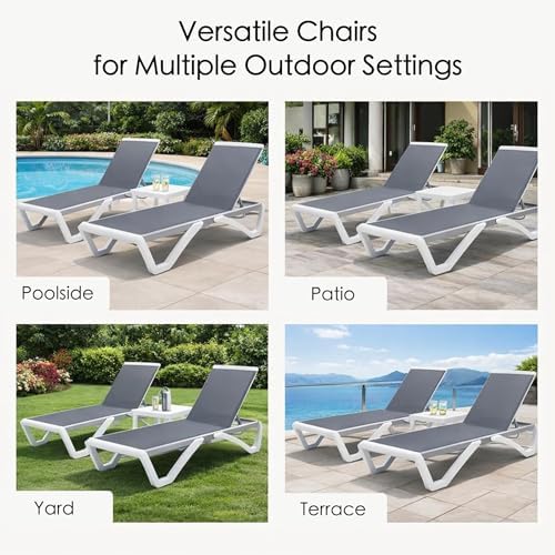 Kozyard Outdoor Chaise Lounge Chair, Full Flat Adjustable Patio Lounger with Aluminum Frame & Resin Legs, Textilene Fabric for Poolside, Backyard & Beach (Gray, Chair)