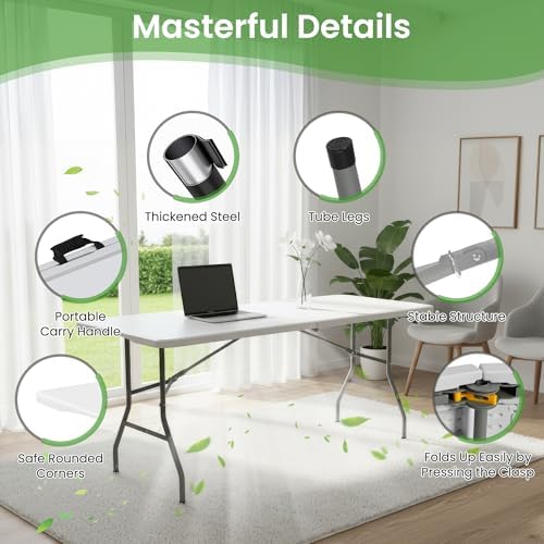 6FT White Plastic Folding Table Heavy Duty Tables Set of 5 | HDPE Tabletop Fold-in-Half Portable Utility Foldable Carrying Handle for Party Picnic Dining Office Event Indoor & Outdoor