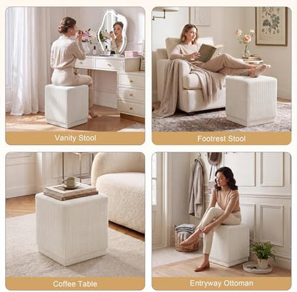 Homebeez Modern Square Ottoman, Vertical Channel Tufted Foot Stool Ottoman, Corduroy Velvet Upholstered Vanity Stool for Makeup, Bedroom, Living Room, Cream White