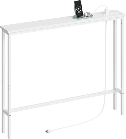 ELYKEN 39.4'' Narrow Console Table with Outlet, Sofa Table Behind Couch | Skinny Entryway Tables with Charging Station for Living Room, Hallway, 5.9 x 39.4 x 29.5in, White