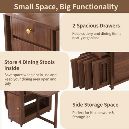 Folding Drop Leaf Dining Room Table 4-6 Seater with Storage and Lockable Wheels, 51" Fully Assembled Solid Wood Space-Saving Foldable Kitchen Table (Walnut)
