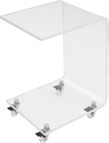 Modern Acrylic Side Table, C-Shaped Sofa Table Nightstand with Storage and Lockable Wheels, Acrylic Sofa Side Table Snack Table On Wheels for Living Room, Bedroom, Office, Bedside, Couch