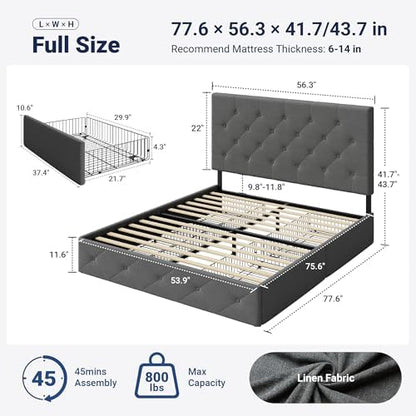 Allewie Full Size Storage Bed Frame with 4 Underbed Drawers, Light Grey