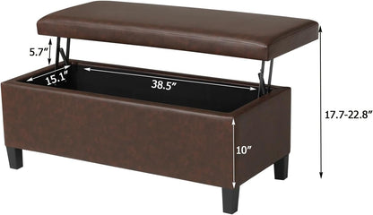 Adeco 42" Storage Leather Bench for Living Room – Black & Red Two-Tone End of Bed Storage Bench, Multi-Functional Top-Lift Coffee Table Ottoman with Storage for Bedroom or Entryway