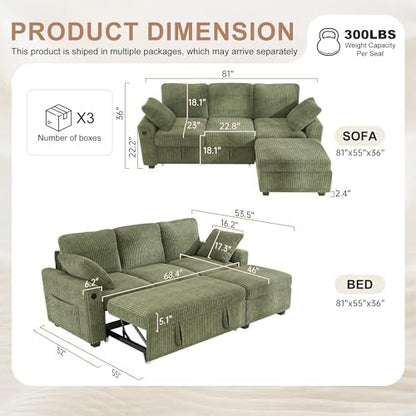 Hanherry 81" Sectional Couch with Pull Out Bed,3 Seat Corduroy Sleeper Sofa with Storage Ottoman & USB Charging,Comfy L Shaped Modular Couches for Living Room,Apartment