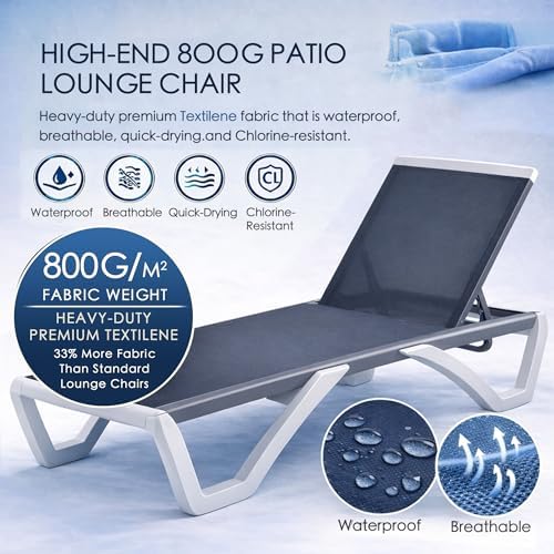 Kozyard Outdoor Chaise Lounge Chair, Full Flat Adjustable Patio Lounger with Aluminum Frame & Resin Legs, Textilene Fabric for Poolside, Backyard & Beach (Gray, Chair)