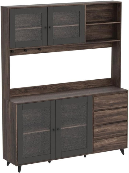 AGOTENI Large Kitchen Hutch Cabinet, Storage Cupboard Pantry with 4 Glass Doors, 4 Drawers & Microwave Shelf, for Kitchen Open Storage, Rustic Brown (63" W x 15.7" D x 74.8" H)