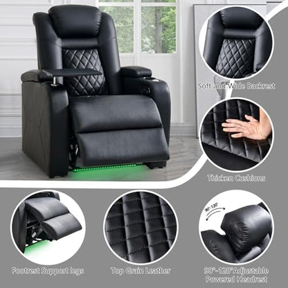 Home Theater Seating, Classic Series Leather Movie Theater Chairs, Power Headrest and Memory with C-Type USB Charger, 7-Color Ambient Lighting and Tray Table, Black Power Adjustable Recliner(Row of 4)