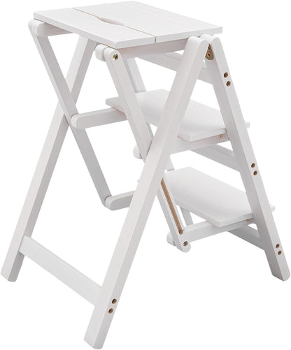 3-Step Ladder Chair Folding Step Stool Chair 22.44" L x 16.33" W x 25.6" H 220 LBS Load Capacity White Pinewood Counter Chairs for Kitchen Bedroom Living Room Warehouse, Space Saving