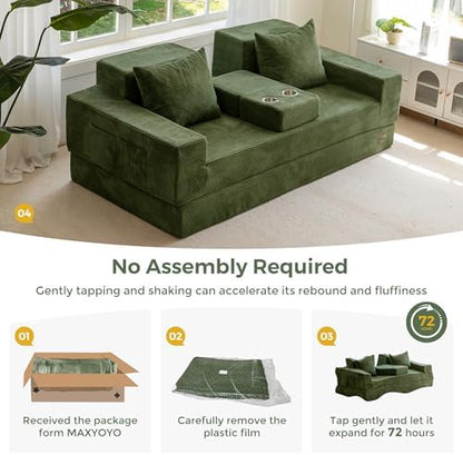MAXYOYO Convertible Sofa Bed, 80" Oversized Loveseat Couch 4 in 1 Foldable Floor Sofa Couch in A Box with 2 Cup Holders, Folding Chair for Living Room, No Assembly Required, Green | Corded Green 4-in-1 Couch Converts Into a Floor Sofa