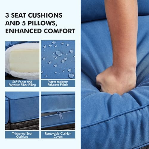 Yaheetech 3-Seat Patio Wicker Sofa, Outdoor Rattan Couch with Furniture Cover, Deep Seat High Back with Cushions & Throw Pillows for Deck/Porch/Balcony/Yard, Brown/Dark Blue