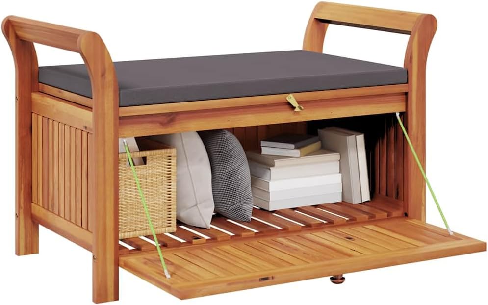 Outdoor Storage Bench with Cushion, Acacia Wood Garden Entryway Seating with Ample Interior Storage Space, 35.8-inch Deck Box Seat for Patio Porch Backyard