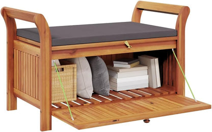 Outdoor Storage Bench with Cushion, Acacia Wood Garden Entryway Seating with Ample Interior Storage Space, 35.8-inch Deck Box Seat for Patio Porch Backyard